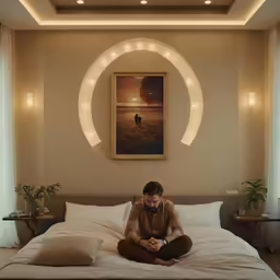 a young man sitting on a bed in a living area