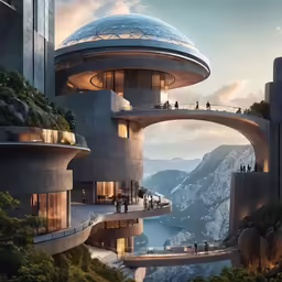 an futuristic building sits above mountains as people watch from the side