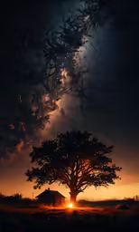the tree with the house under it and the night sky