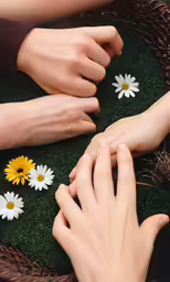 hands touching each other while sitting on some moss