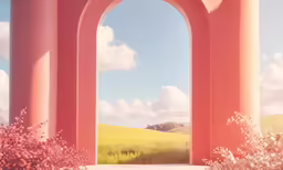 a painting of a bright red archway