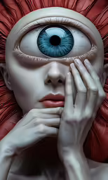 a close up of a woman with blue eyes