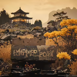an old wooden sign on a rock field