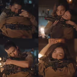 several pictures of a woman hugging another person while holding a gun