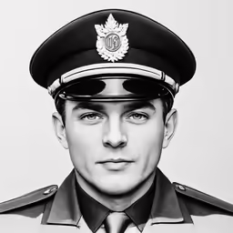 a man in uniform is posing for a black and white photo