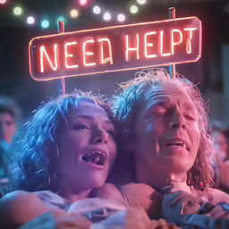 a woman is hugging her husband that is under a neon sign