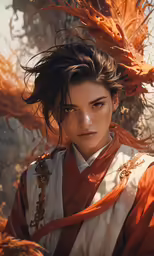 the beautiful woman in the oriental costume is looking off into the distance