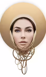 a woman with a beige hat on her head