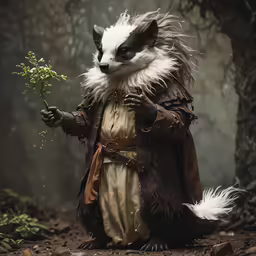 a raccoon dressed as a wizard holding a tiny bush in the woods
