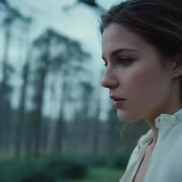 the woman looks into the distance with her eyes shut