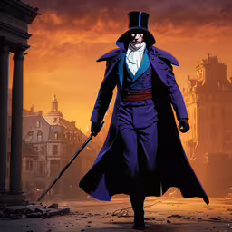 a man in a purple outfit and top hat and cane,the image of a man in purple and blue outfit holding a sword
