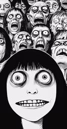 a large crowd of zombie zombies with one head turned sideways