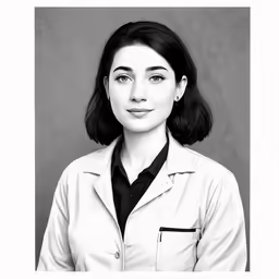 a woman wearing a white jacket standing in front of a gray background