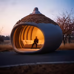 person sitting in modern living room looking through the hole