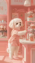 a dog standing at a counter in a pink store,a white dog standing at the counter in a store