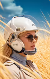a woman wearing sunglasses and a hard hat in a field