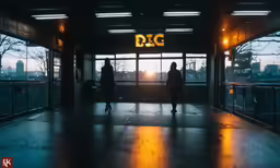 the doors to a building with a window at night