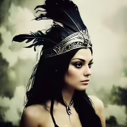 a woman with long dark hair wearing a black headpiece