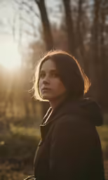 a woman is standing in the woods near trees