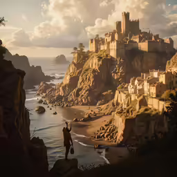 the old castle on top of the rocky hill is near the ocean