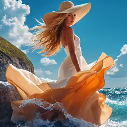 the woman in the dress is posing on a rock