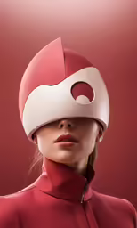 a female in a red outfit has a white mask over her head