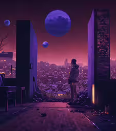 a man stands on top of a building as the sun goes down,there is an image of a man who is looking into the sky