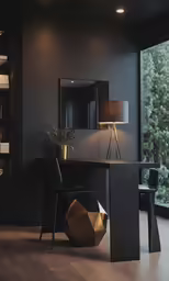 the living room is furnished with a black hue and modern design