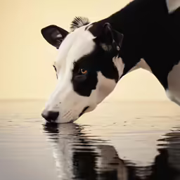 a white and black dog is swimming in the water