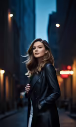 beautiful woman in black coat posing outdoors in a city