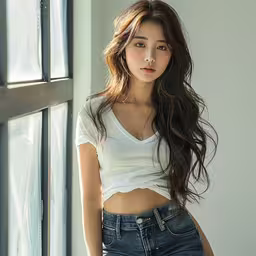 an image of a woman posing near the window,an asian model wearing short denim shorts standing by a window