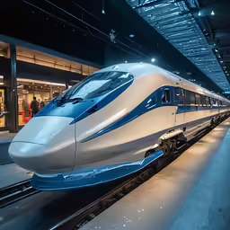 the silver train is parked in the station