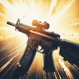 a rifle is shown on display with bright lighting
