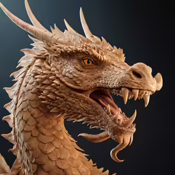 a golden sculpture of a fierce dragon with its mouth open