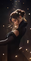 a woman in black dress holding a cell phone