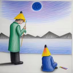 a man in green stands with a hat on and other person sitting on the ground near him is a blue ball