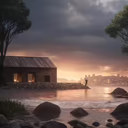 a small hut sits on the shore during sunset