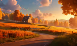 a country road and a house surrounded by colorful trees,the country road is lined with trees that have yellow leaves