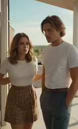 a woman standing next to a man outside