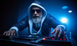 a dj mixing on a turntable in front of bright lights