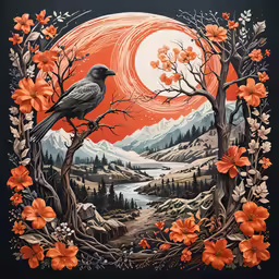 there is a bird sitting on a branch with orange flowers