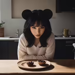 a woman in a white sweater is looking down at a plate with two cupcakes