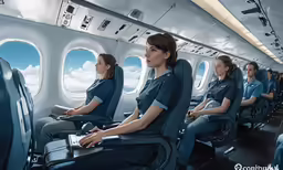 four passengers on an airplane looking out windows