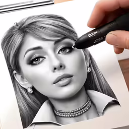 a hand with a pen is holding a drawing of a woman