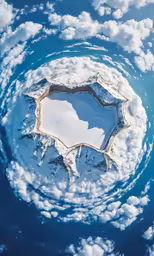 a round circular shaped snow covered area in the middle of the water