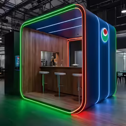 an open room with bars and stools