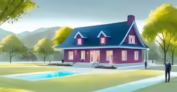 a painting of a house with trees and a blue sky