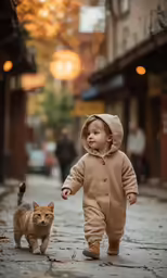 a little kid that is standing next to a cat