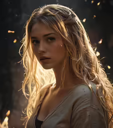 a girl with blonde hair and blue eyes poses in the rain