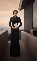 woman in black dress standing outside of building